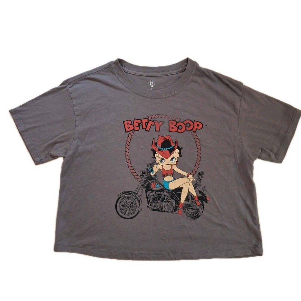 Betty Boop Graphic Motorcycle T-Shirt Cropped Grey Street Wear Women's Size S
